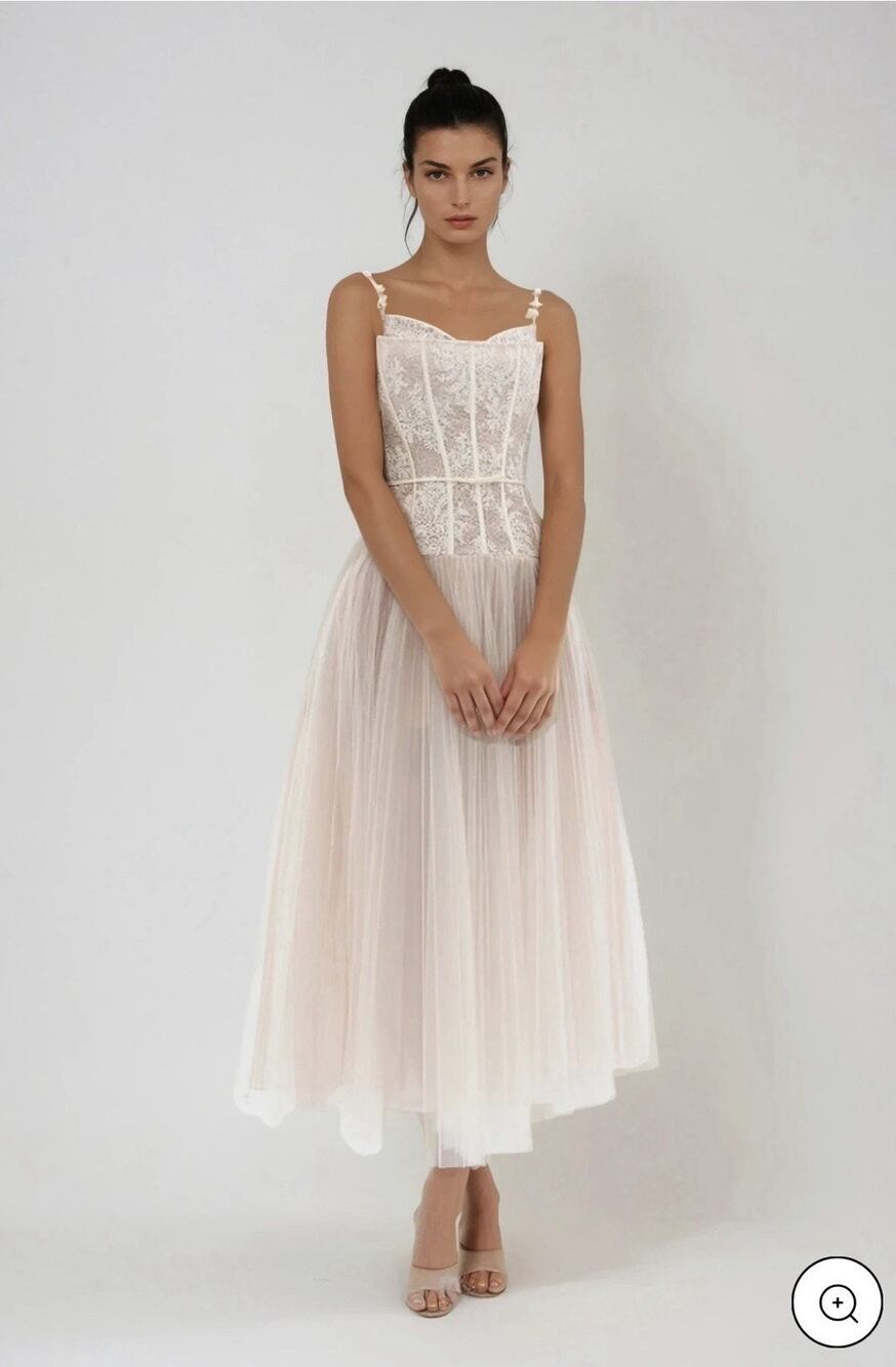 Innovare Denim Ivory Floral Lace Tulle Corset A-Line Midi Dress Lined Size S